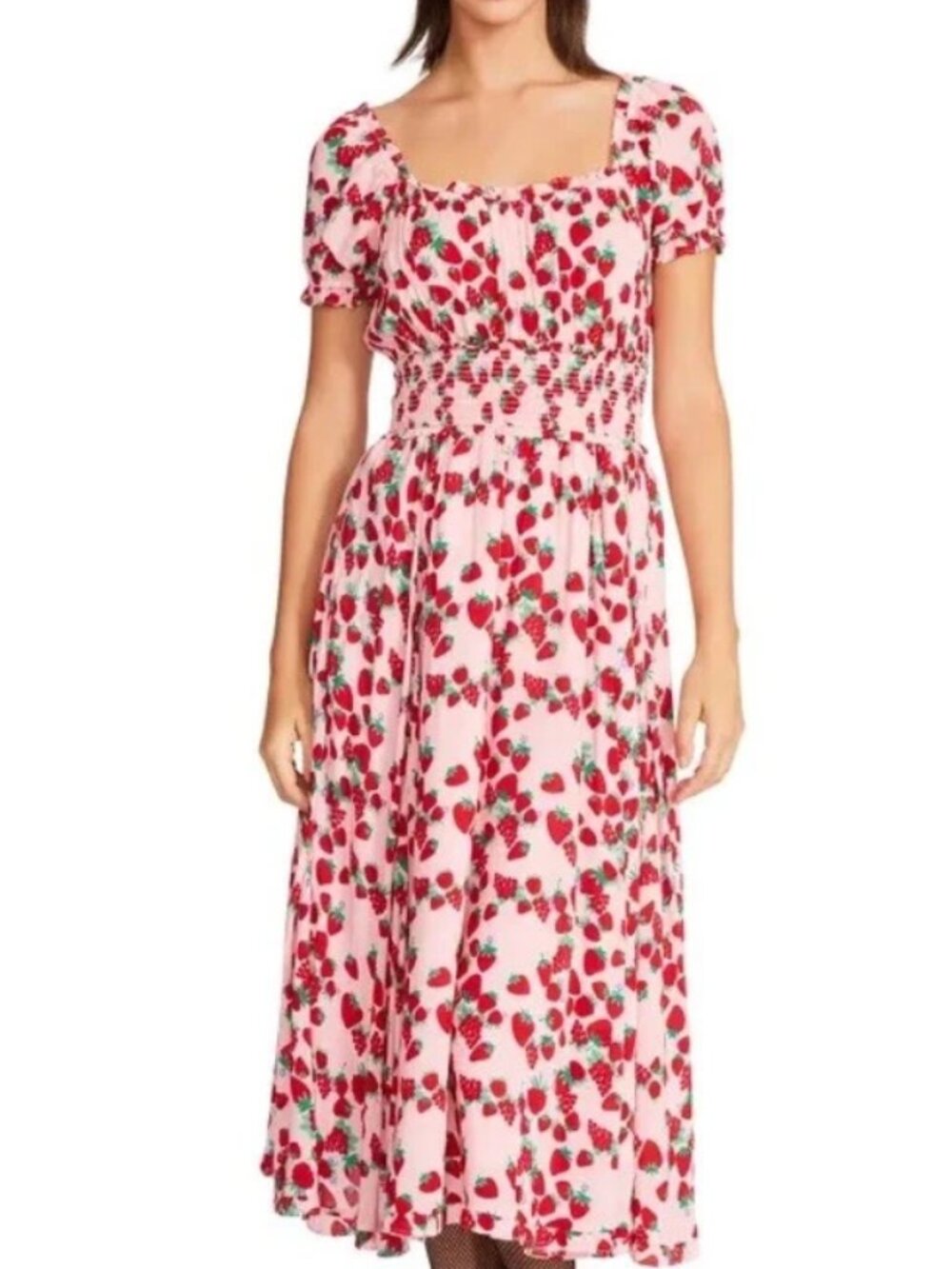 Betsey Johnson Strawberry Fields Smocked Midi Dress Pink Puff Sleeve Women's L